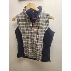 SIA BAKER Plaid Vest Women's Size S Navy Blue Sleeveless Zip Up Patch